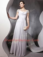 Floor Length Silver Chiffon Cap Sleeves Beading and Ruching