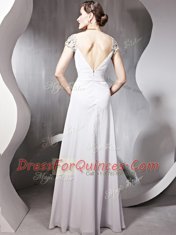 Floor Length Silver Chiffon Cap Sleeves Beading and Ruching