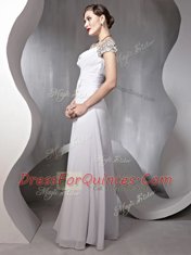 Floor Length Silver Chiffon Cap Sleeves Beading and Ruching