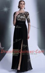 Fantastic Scoop Half Sleeves Zipper Floor Length Beading and Appliques Evening Dress