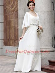 White Column/Sheath Square Half Sleeves Chiffon Floor Length Zipper Beading Prom Gown