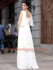 White Column/Sheath Square Half Sleeves Chiffon Floor Length Zipper Beading Prom Gown