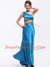 One Shoulder Baby Blue Sleeveless Elastic Woven Satin Side Zipper Prom Evening Gown for Prom and Party