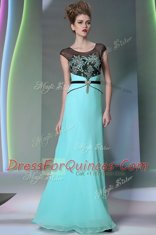 Charming Scoop Teal Zipper Prom Dresses Appliques Sleeveless Floor Length