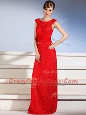 High Quality Red Sleeveless Floor Length Lace Side Zipper Evening Dress