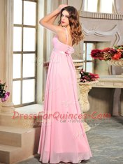 Gorgeous Baby Pink Sleeveless Floor Length Ruching and Bowknot Lace Up