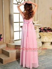 Gorgeous Baby Pink Sleeveless Floor Length Ruching and Bowknot Lace Up