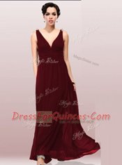 Burgundy Zipper Prom Dresses Ruching Sleeveless Floor Length