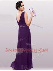Burgundy Zipper Prom Dresses Ruching Sleeveless Floor Length