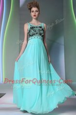 Inexpensive Scoop Floor Length Side Zipper Dress for Prom Aqua Blue for Prom and Party with Beading