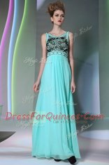 Inexpensive Scoop Floor Length Side Zipper Dress for Prom Aqua Blue for Prom and Party with Beading