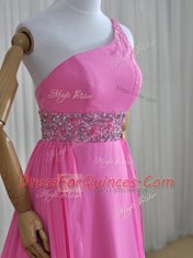 Edgy Rose Pink Column/Sheath Chiffon One Shoulder Sleeveless Beading Lace Up Evening Dress Brush Train