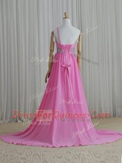 Edgy Rose Pink Column/Sheath Chiffon One Shoulder Sleeveless Beading Lace Up Evening Dress Brush Train