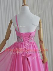 Edgy Rose Pink Column/Sheath Chiffon One Shoulder Sleeveless Beading Lace Up Evening Dress Brush Train