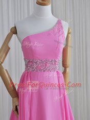 Edgy Rose Pink Column/Sheath Chiffon One Shoulder Sleeveless Beading Lace Up Evening Dress Brush Train