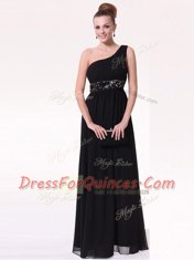 Black Side Zipper One Shoulder Beading Chiffon Sleeveless