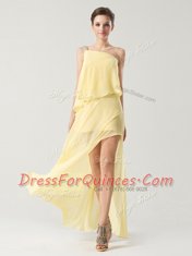 Yellow Column/Sheath One Shoulder Sleeveless Chiffon High Low Zipper Beading and Ruching Prom Dress