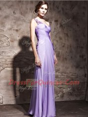 Fancy Lavender Chiffon Side Zipper One Shoulder Sleeveless Floor Length Prom Evening Gown Beading and Ruching