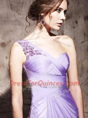 Fancy Lavender Chiffon Side Zipper One Shoulder Sleeveless Floor Length Prom Evening Gown Beading and Ruching