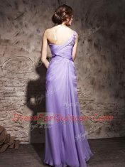 Fancy Lavender Chiffon Side Zipper One Shoulder Sleeveless Floor Length Prom Evening Gown Beading and Ruching