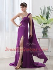 Cheap Purple Zipper One Shoulder Beading and Sashes ribbons Prom Party Dress Elastic Woven Satin Sleeveless Brush Train