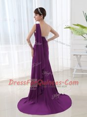 Cheap Purple Zipper One Shoulder Beading and Sashes ribbons Prom Party Dress Elastic Woven Satin Sleeveless Brush Train