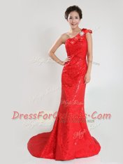 Fitting One Shoulder Sleeveless Sequined Prom Evening Gown Sequins and Bowknot Sweep Train Zipper