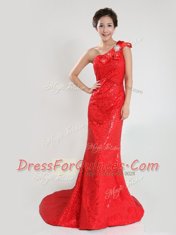 Fitting One Shoulder Sleeveless Sequined Prom Evening Gown Sequins and Bowknot Sweep Train Zipper