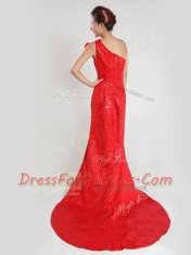 Fitting One Shoulder Sleeveless Sequined Prom Evening Gown Sequins and Bowknot Sweep Train Zipper