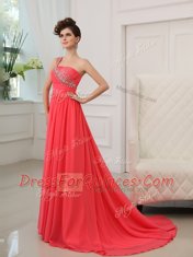 Brush Train Empire Homecoming Dress Watermelon Red One Shoulder Chiffon Sleeveless With Train Zipper
