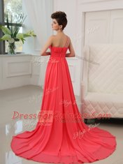 Brush Train Empire Homecoming Dress Watermelon Red One Shoulder Chiffon Sleeveless With Train Zipper