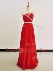 One Shoulder Red Chiffon Zipper Sleeveless Floor Length Beading
