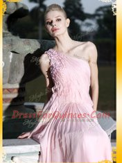 Baby Pink Chiffon Side Zipper One Shoulder Sleeveless Floor Length Prom Evening Gown Ruching and Hand Made Flower