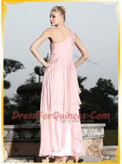 Baby Pink Chiffon Side Zipper One Shoulder Sleeveless Floor Length Prom Evening Gown Ruching and Hand Made Flower