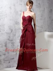 Burgundy Column/Sheath One Shoulder Sleeveless Chiffon Floor Length Zipper Beading and Ruching Prom Party Dress