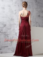 Burgundy Column/Sheath One Shoulder Sleeveless Chiffon Floor Length Zipper Beading and Ruching Prom Party Dress