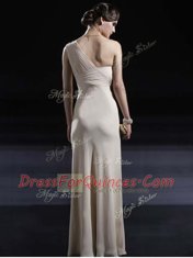 New Arrival Champagne Column/Sheath One Shoulder Sleeveless Chiffon Floor Length Criss Cross Ruching Prom Dresses