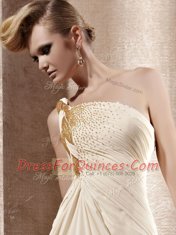 Delicate One Shoulder Champagne Sleeveless Chiffon Side Zipper Prom Gown for Prom and Party