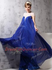 Lace and Sequins Prom Dress Royal Blue Zipper Sleeveless Floor Length