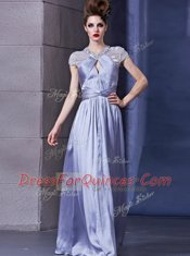 Decent Halter Top Sleeveless Floor Length Beading and Ruching Zipper Prom Evening Gown with Lavender