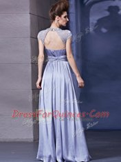 Decent Halter Top Sleeveless Floor Length Beading and Ruching Zipper Prom Evening Gown with Lavender