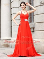 Coral Red Column/Sheath Beading Prom Dresses Zipper Chiffon Sleeveless