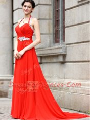 Coral Red Column/Sheath Beading Prom Dresses Zipper Chiffon Sleeveless