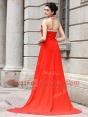 Coral Red Column/Sheath Beading Prom Dresses Zipper Chiffon Sleeveless