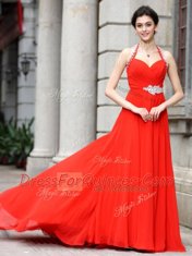 Coral Red Column/Sheath Beading Prom Dresses Zipper Chiffon Sleeveless