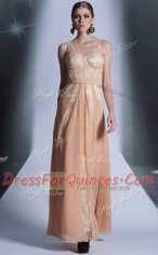 Fitting Scoop Floor Length Peach Prom Dress Chiffon Sleeveless Lace