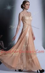Fitting Scoop Floor Length Peach Prom Dress Chiffon Sleeveless Lace