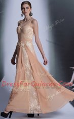 Fitting Scoop Floor Length Peach Prom Dress Chiffon Sleeveless Lace