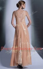 Fitting Scoop Floor Length Peach Prom Dress Chiffon Sleeveless Lace
