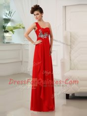 Delicate One Shoulder Sleeveless Zipper Floor Length Beading and Appliques and Ruching Homecoming Dress